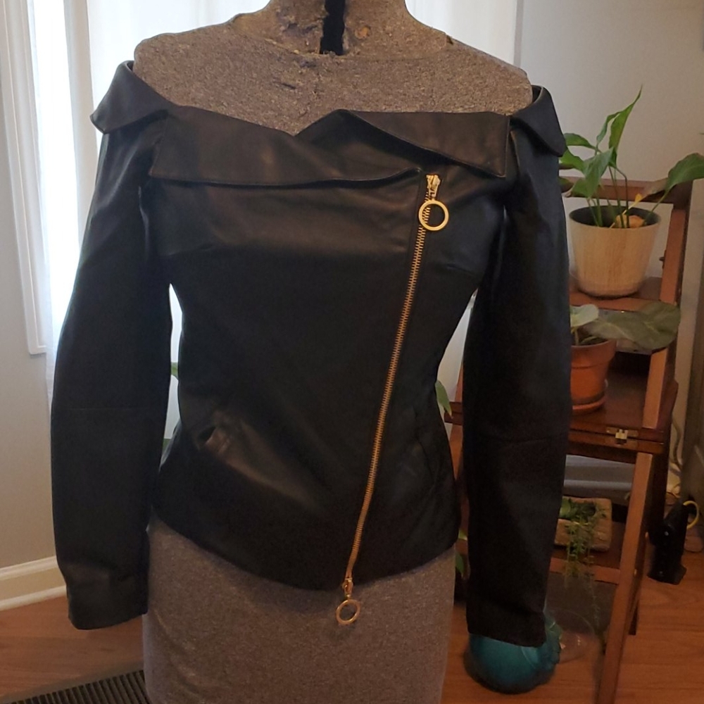 Off the shoulder faux leather jacket